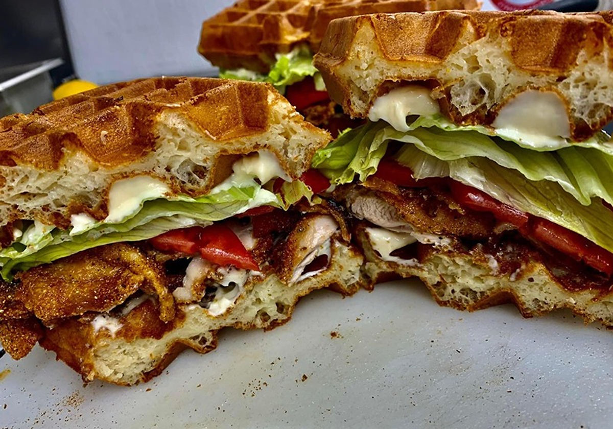 Jimmy's waffle club sandwich with crisp waffle layers